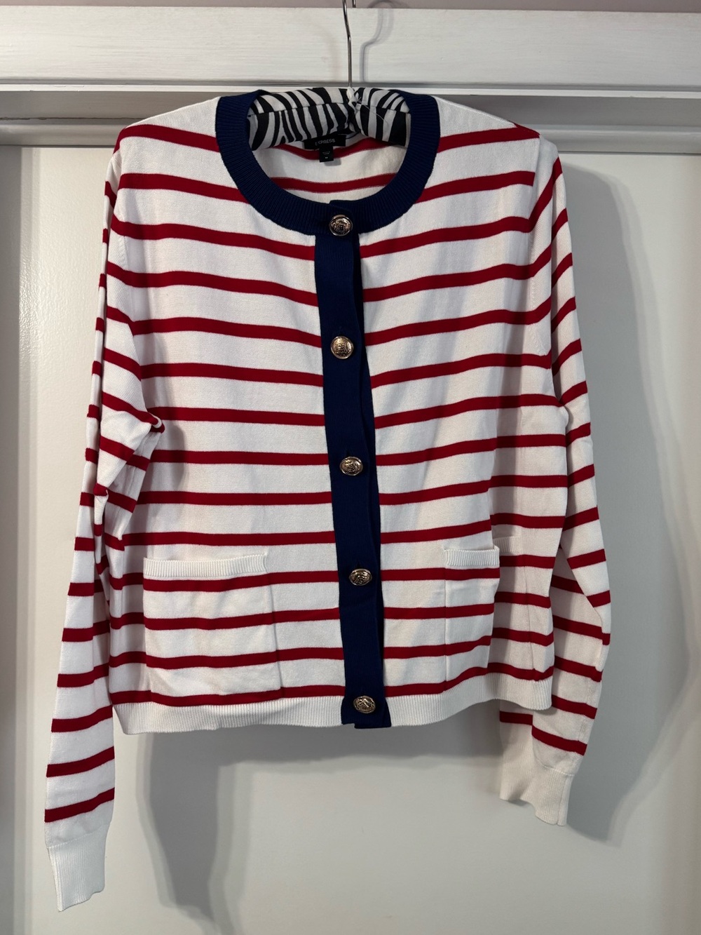 Express Red & White Striped Cardigan with Navy Trim